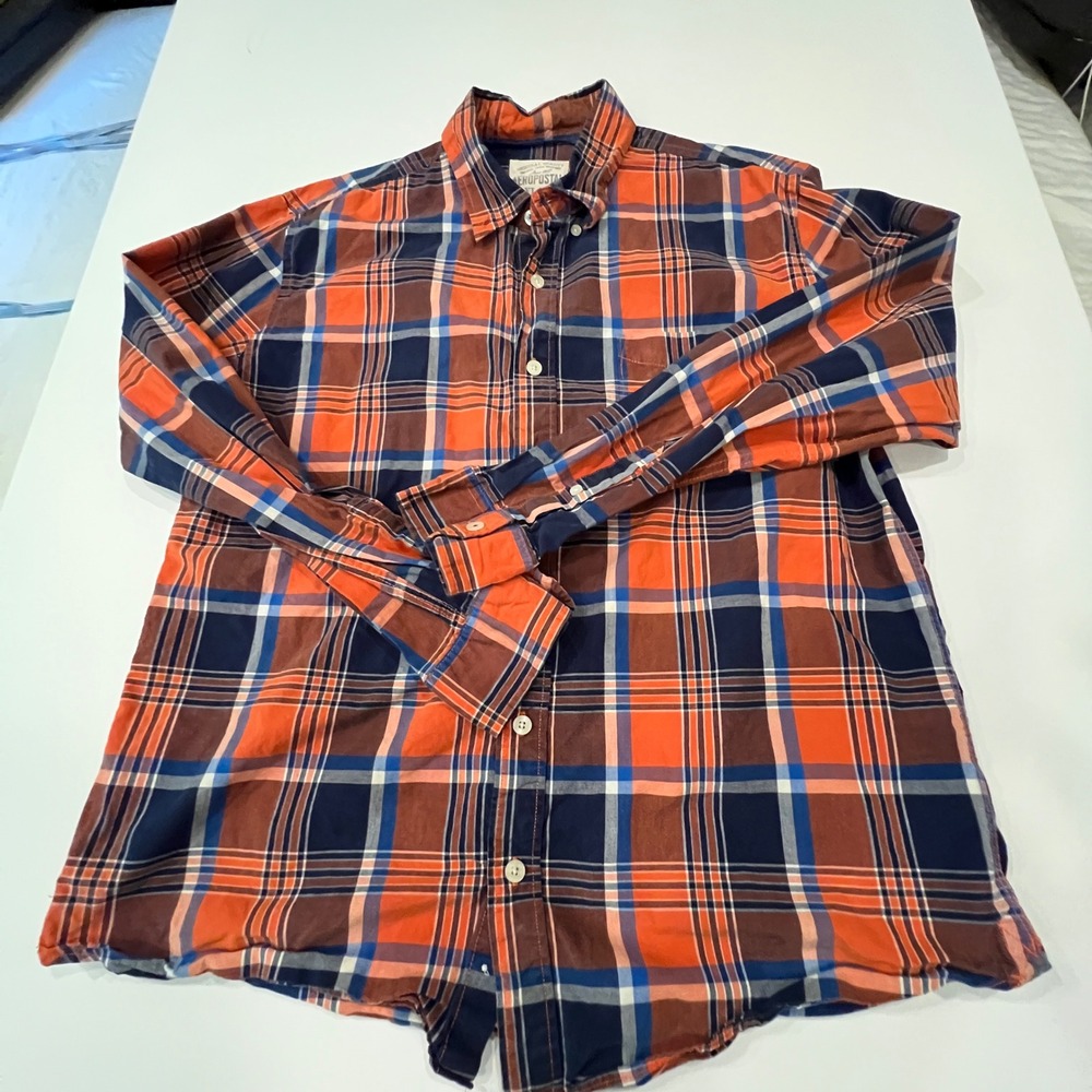 Aeropostale Men XL Orange Navy Plaid Button Down Shirt Fall Academia Preppy